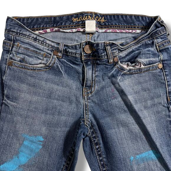 Maurices Womens Denim Blue Jeans Flare Leg Paint Distressed Medium Wash Size 7 8 - Picture 2 of 11
